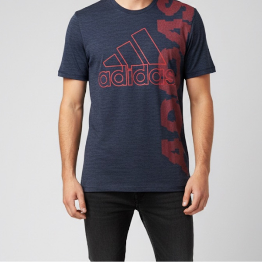 Adidas Boys Youth XL (18-20)Blue Graphic Tee Shirt Red Logo Heathered Sport